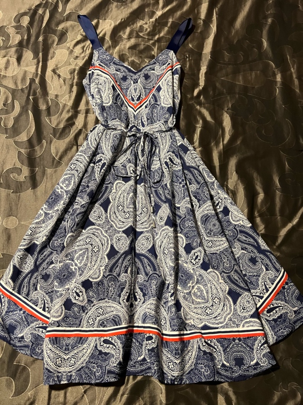Jessica Simpson Maternity Navy & White Paisley Handkerchief Dress Orange Trim M